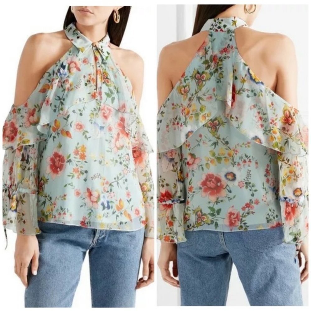 Alice + Olivia Floral Cold Shoulder Blouse - Blue and Red